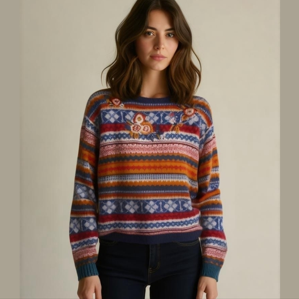Vintage Multicolored Fair Isles Embroidered Knitted Crewneck Sweater Size Medium